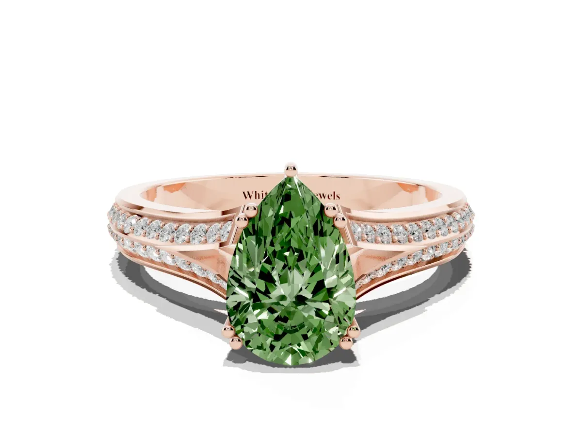 Fancy Green Pear Cut Diamond Split Shank Engagement Ring with Pavé Band Rose gold