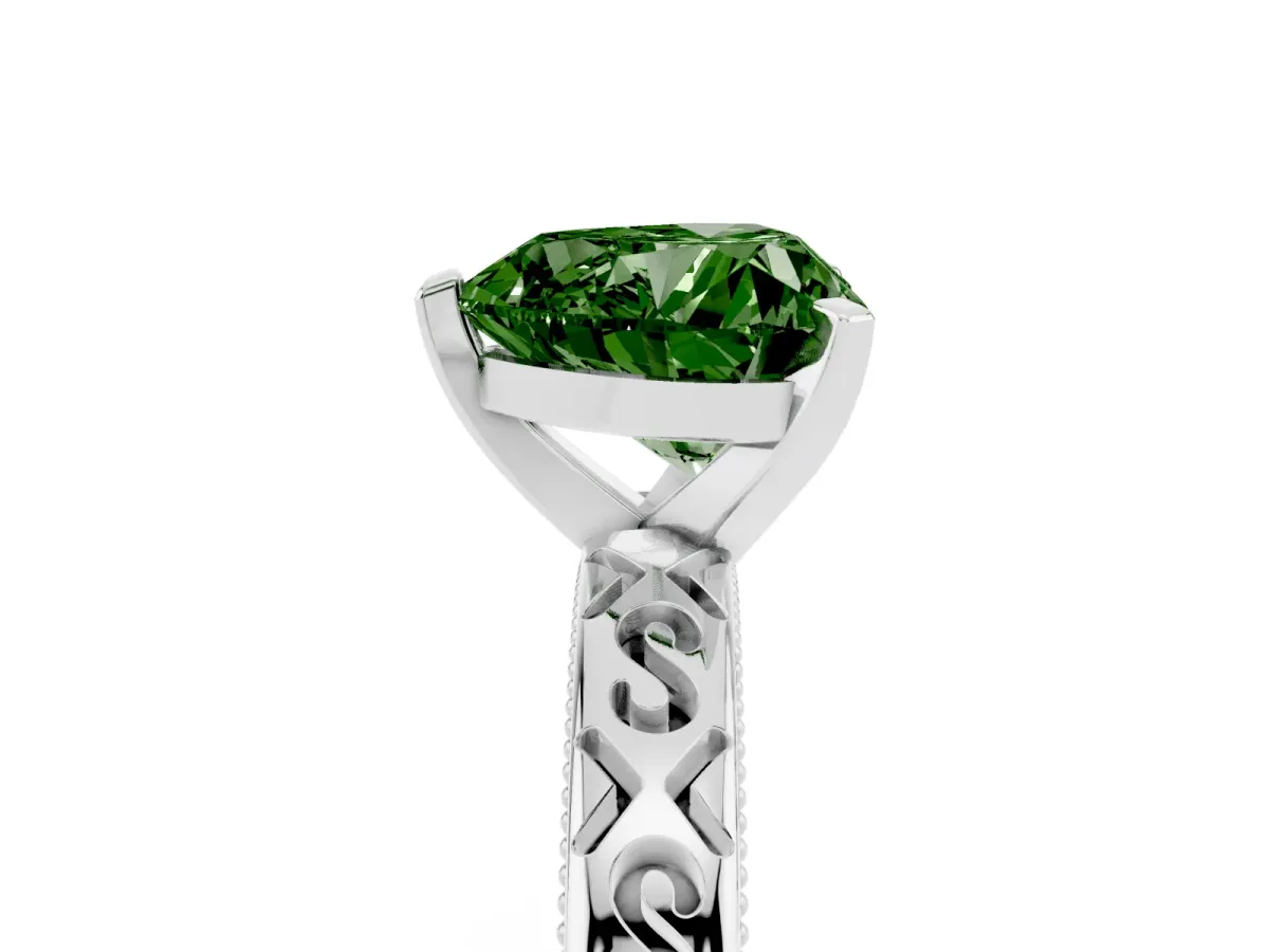 Fancy Green Heart Cut Solitaire Engagement Ring with Scrollwork Band and Four-Prong Setting Silver