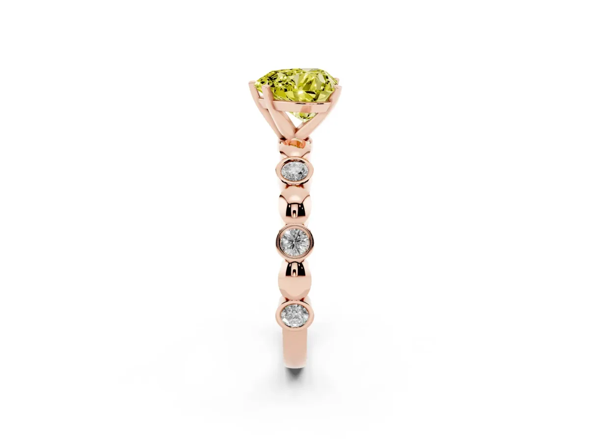 Fancy Yellow Heart Cut Solitaire Bezel-Set Diamond Ring with Beaded Band and Four-Prong Setting Rose gold