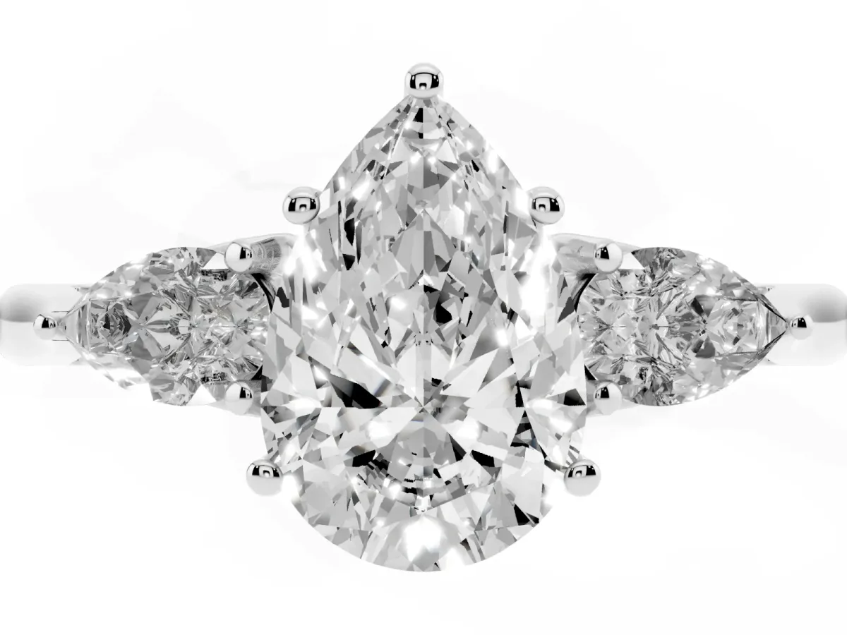 Pear Cut Diamond Three-Stone Ring with Pear Side Stones and Prong Setting Silver