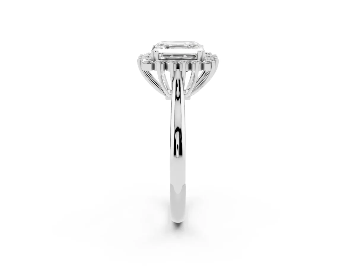 Asscher Cut Cut Diamond Halo Ring with Solitaire Band and Prong Setting Silver