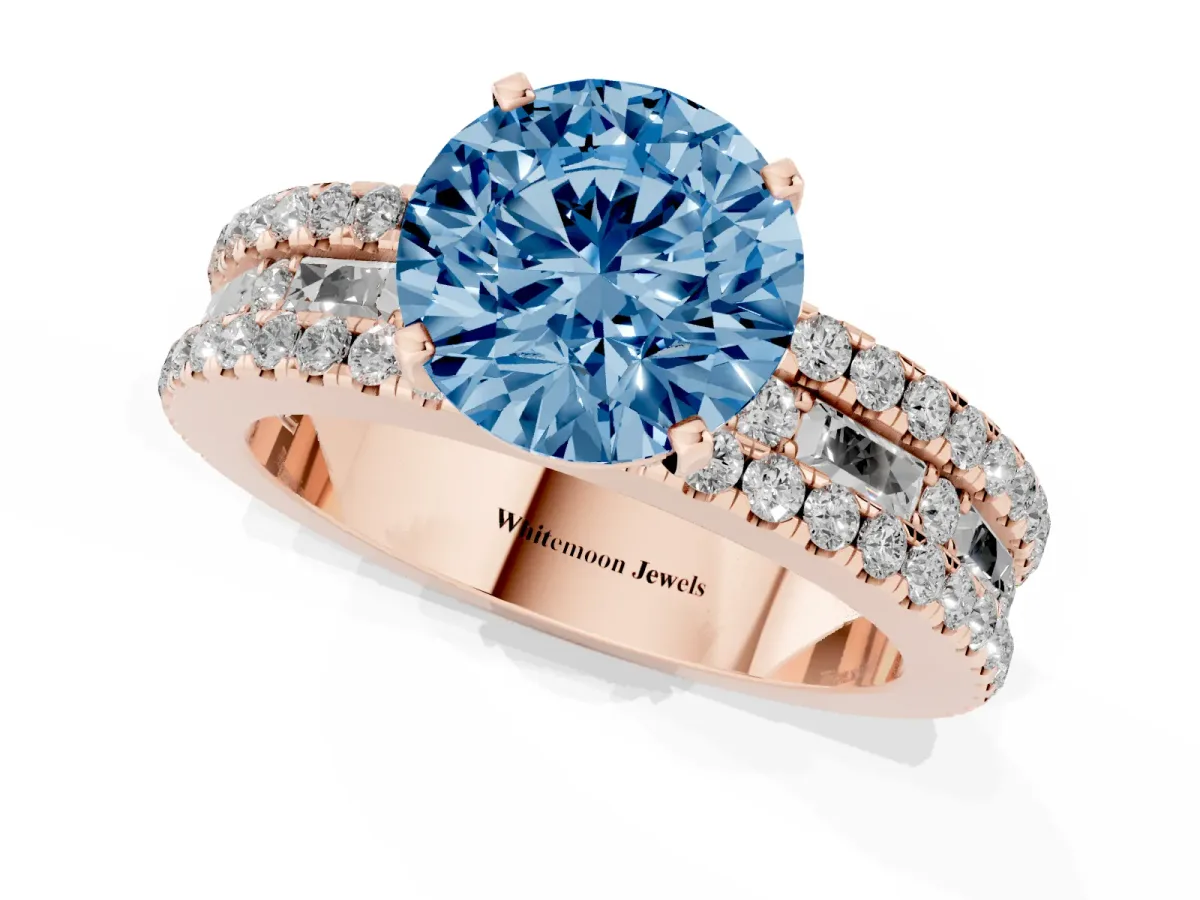 Fancy Blue Round Cut Diamond Solitaire Ring with Pavé and Channel Set Band Rose gold