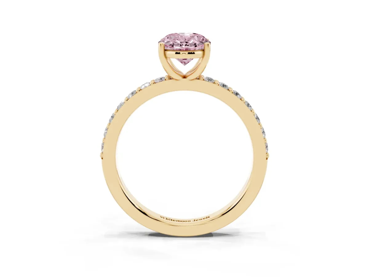 Fancy Pink Oval Cut Cut Diamond Solitaire with Pave Band and Four-Prong Setting Yellow gold
