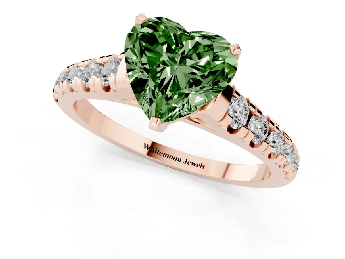 Fancy Green Heart Cut Diamond Cathedral Solitaire Ring with Round Pavé Band Rose gold