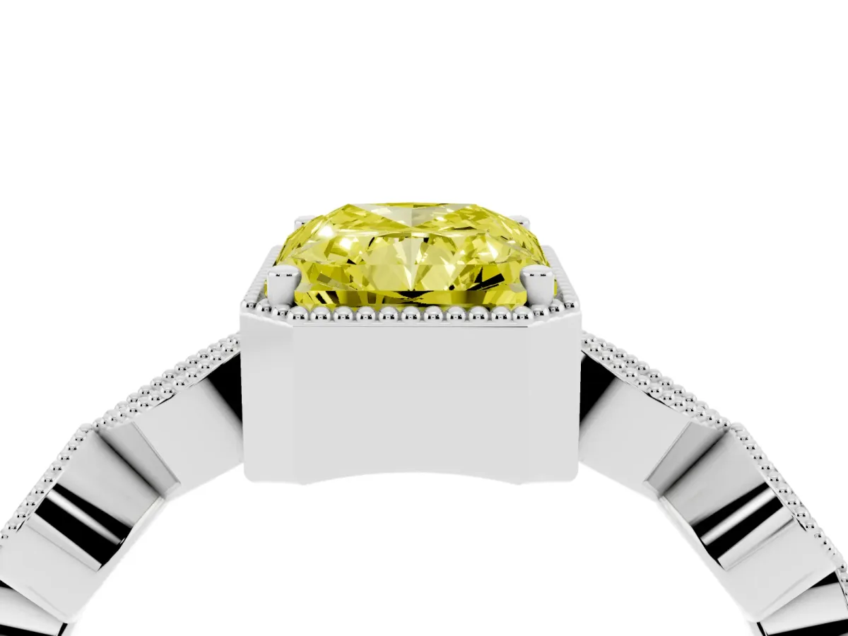 Fancy Yellow Radiant Cut Diamond Vintage Milgrain Ring with Round Stations Silver