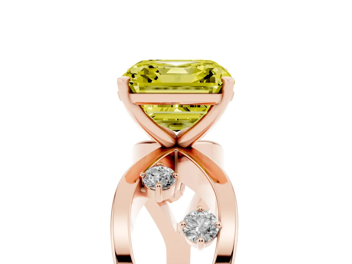 Fancy Yellow Asscher Cut Cut Solitaire Diamond with Side Stones on Criss-Cross Band and Four-Prong Setting Rose gold