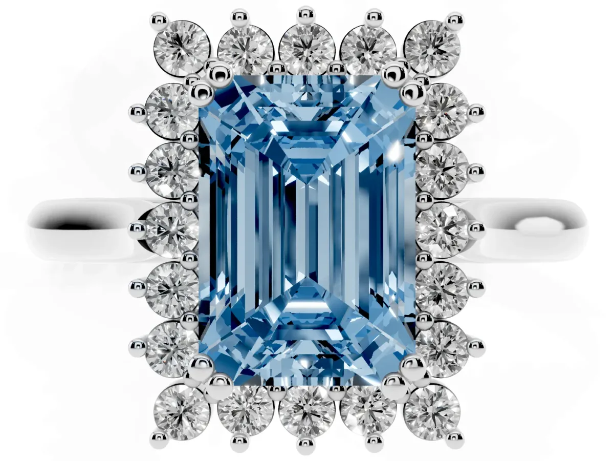 Fancy Blue Emerald Cut Cut Diamond Halo Ring with Solitaire Band and Prong Setting Silver