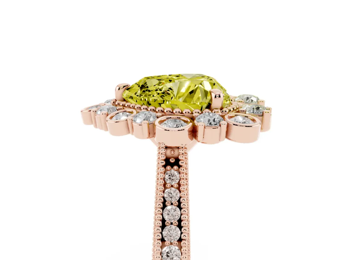 Fancy Yellow Heart Cut Halo Milgrain Pave Diamond Ring with Four-Prong Setting Rose gold