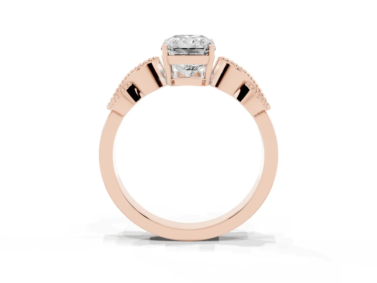 Radiant Cut Solitaire Milgrain Leaf Band with Prong Setting Rose gold