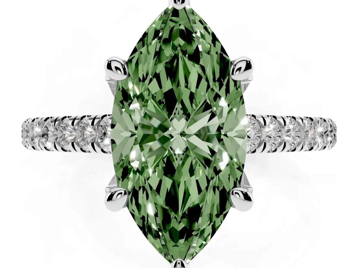 Fancy Green Marquise Cut Brilliant Diamond Solitaire with Pavé Band and Four-Prong Setting Silver