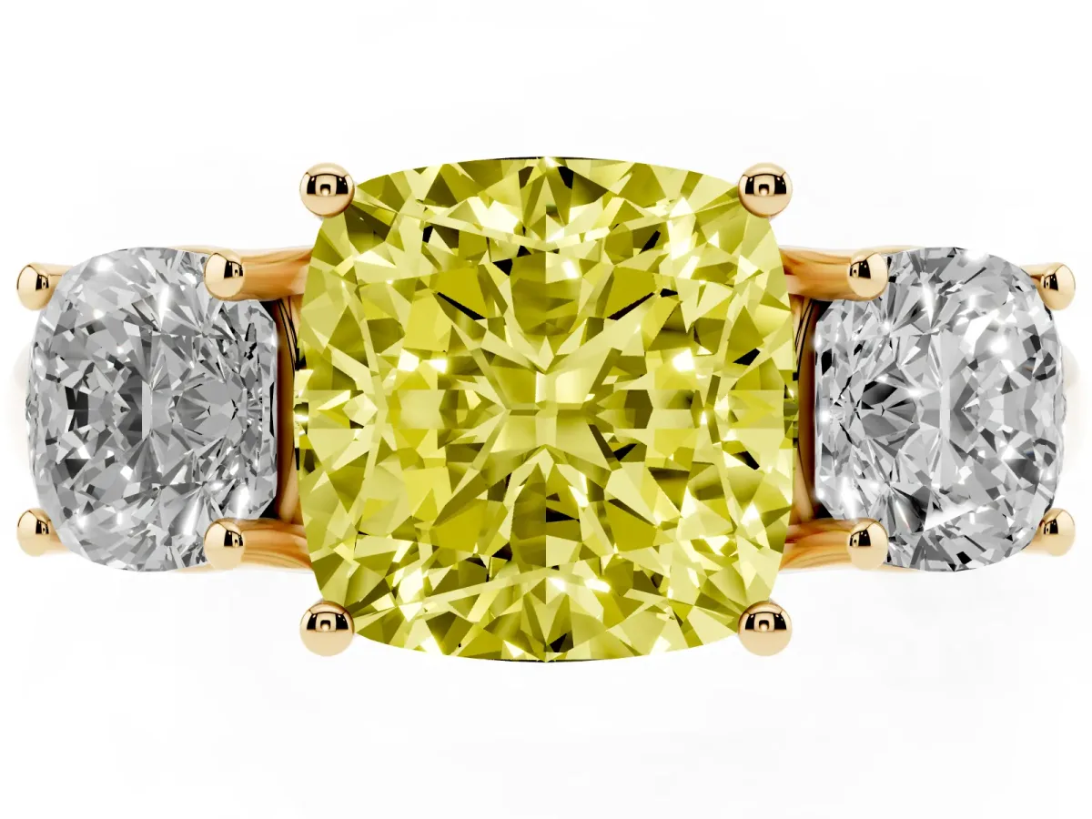 Fancy Yellow Three-Stone Cushion Cut Diamond Engagement Ring with Prong Setting Yellow gold