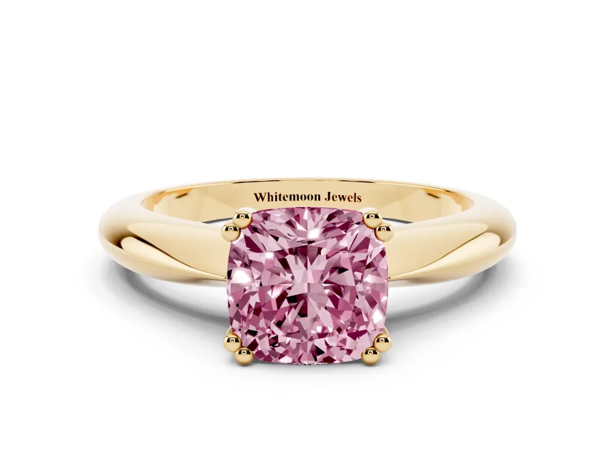 Fancy Pink Cushion Cut Cut Solitaire Engagement Ring with Tapered Band and Four-Prong Setting Yellow gold