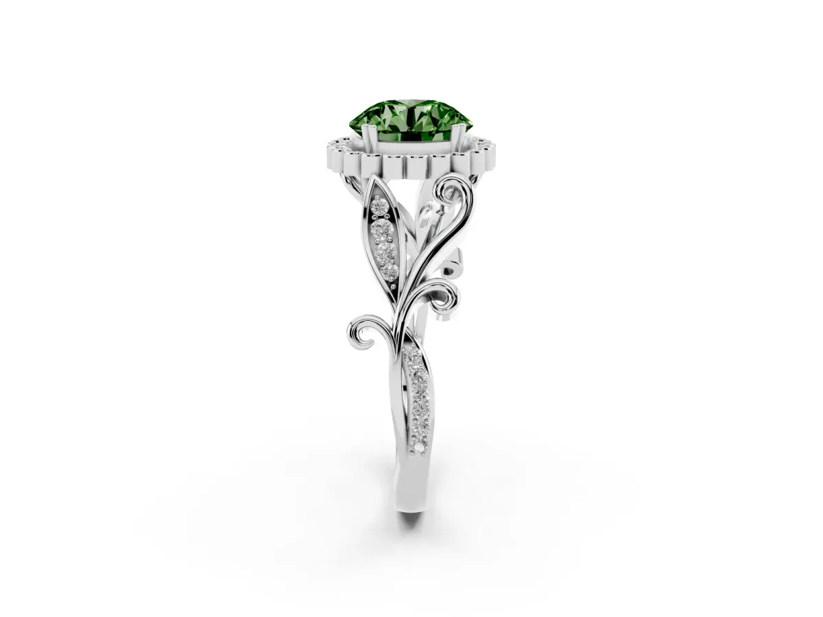 Fancy Green Round Cut Diamond Halo Ring with Vintage Split Shank and Four-Prong Setting Silver