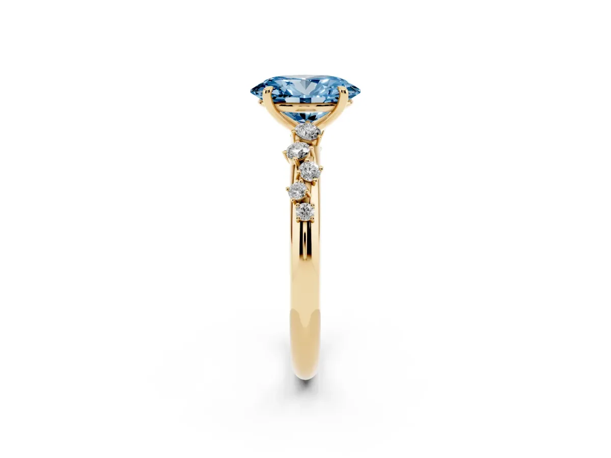 Fancy Blue Oval Cut Diamond Cluster Prong-Set Solitaire Ring Yellow gold