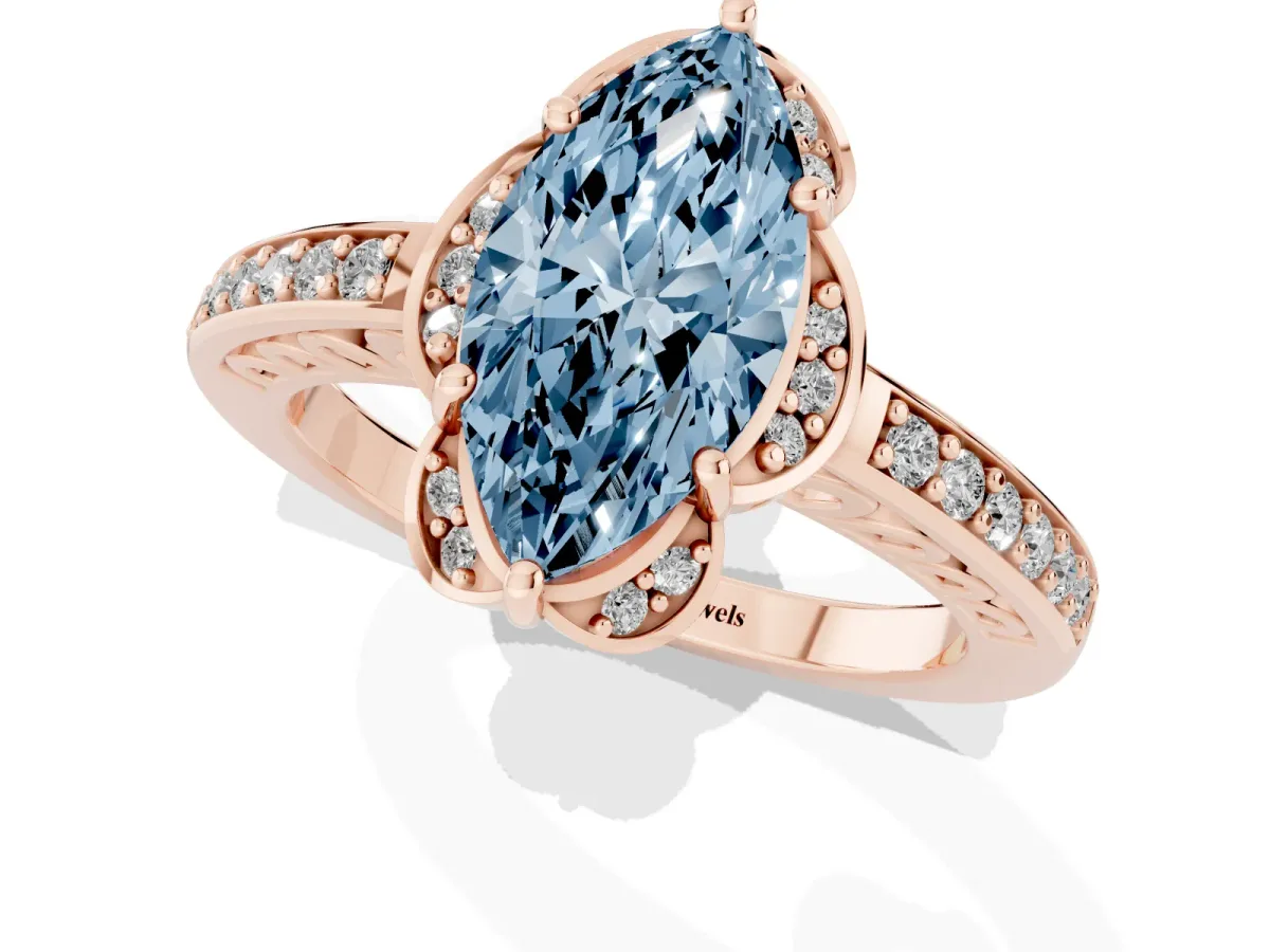 Fancy Blue Marquise Cut Cut Halo Diamond Ring with Channel Set Band and Four-Prong Setting Rose gold