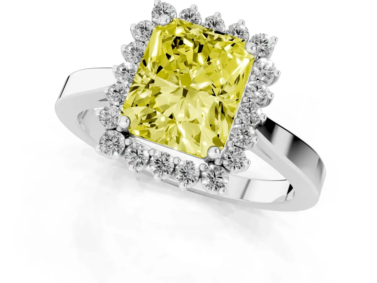Fancy Yellow Radiant Cut Cut Diamond Halo Ring with Round Brilliant Halo and Solitaire Band Silver