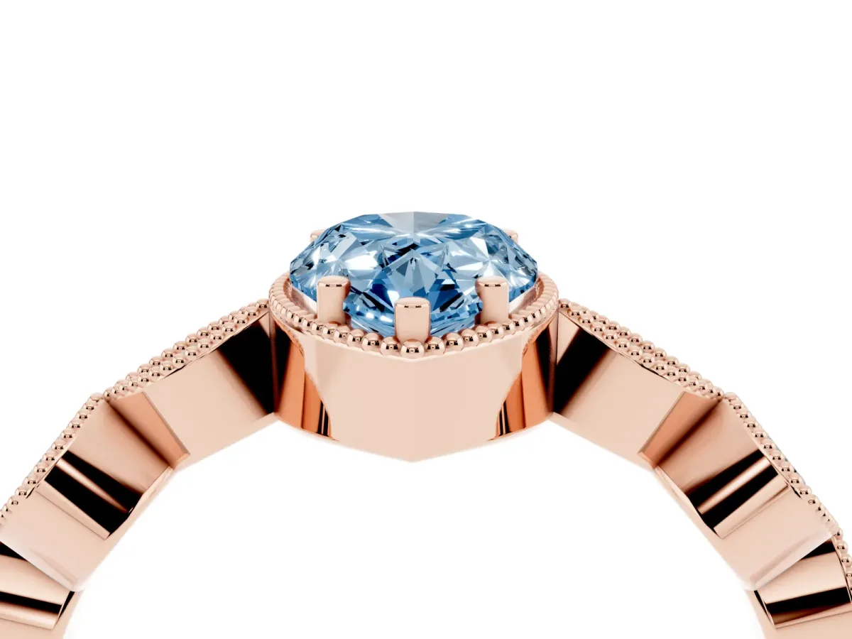 Fancy Blue Pear Cut Diamond Vintage Milgrain Ring with Round Stations Rose gold