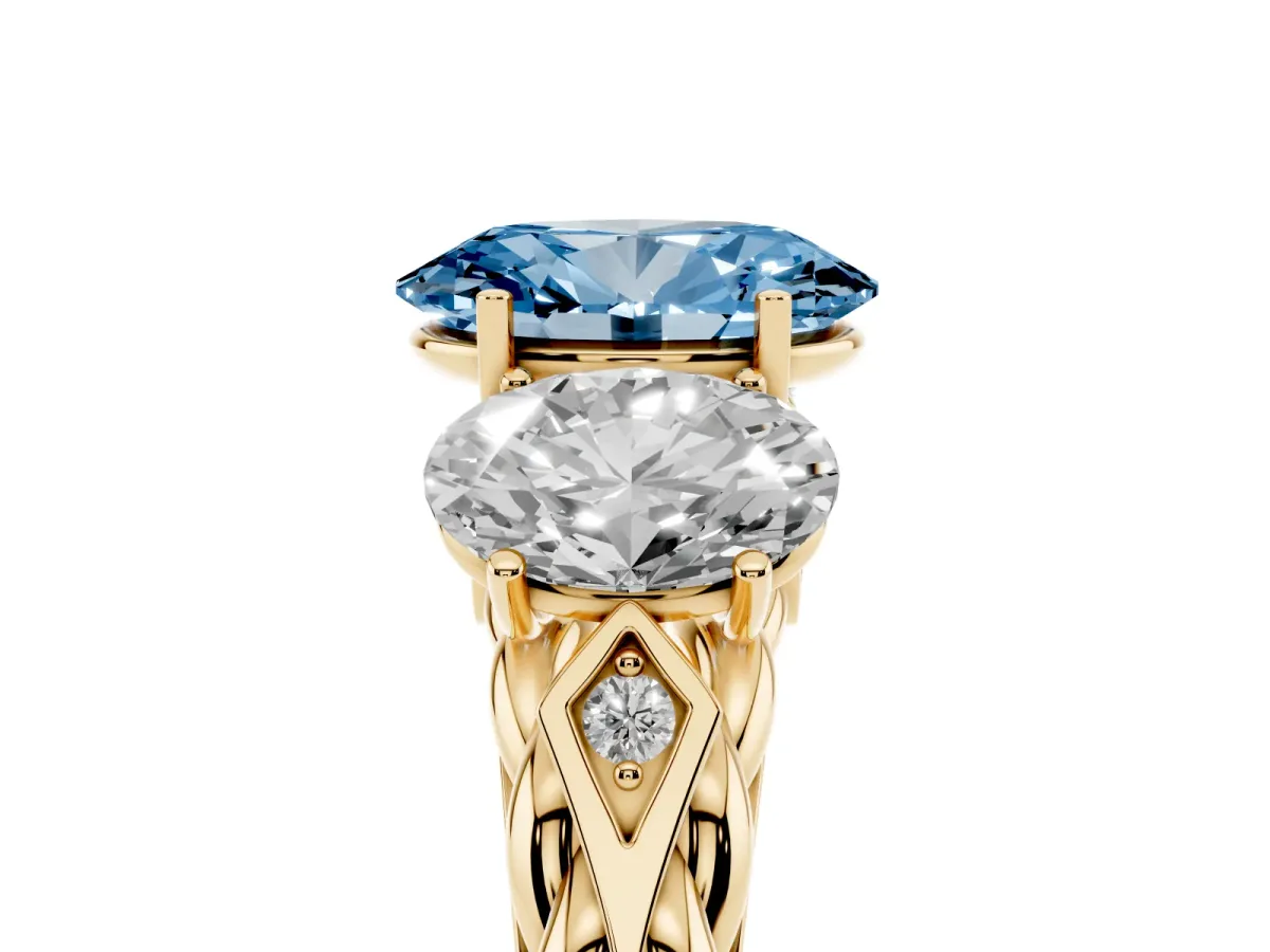 Fancy Blue Three-Stone Oval Cut Diamond Braided Band Ring with Four-Prong Setting Yellow gold