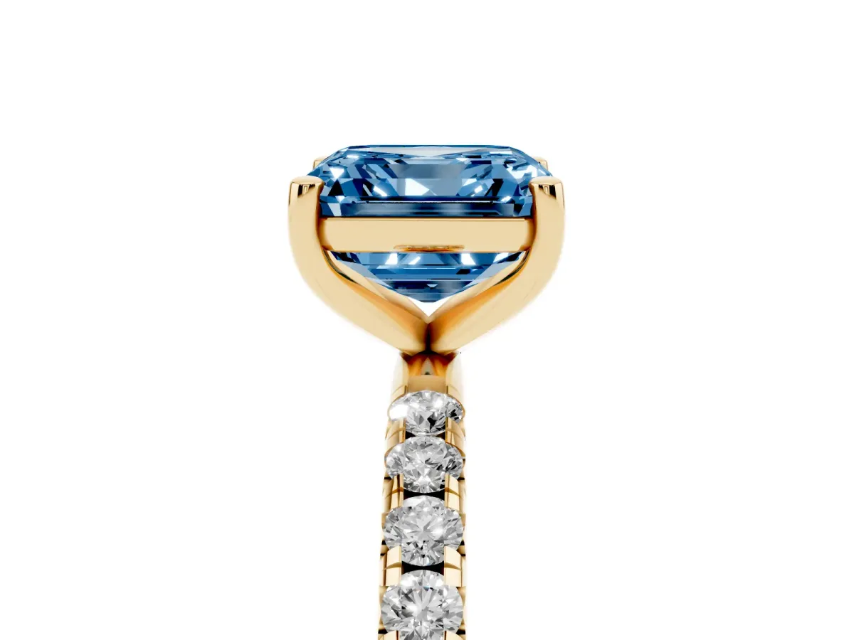 Fancy Blue Asscher Cut Cut Diamond Solitaire Ring with Micro Pave Band and Four Prong Setting Yellow gold