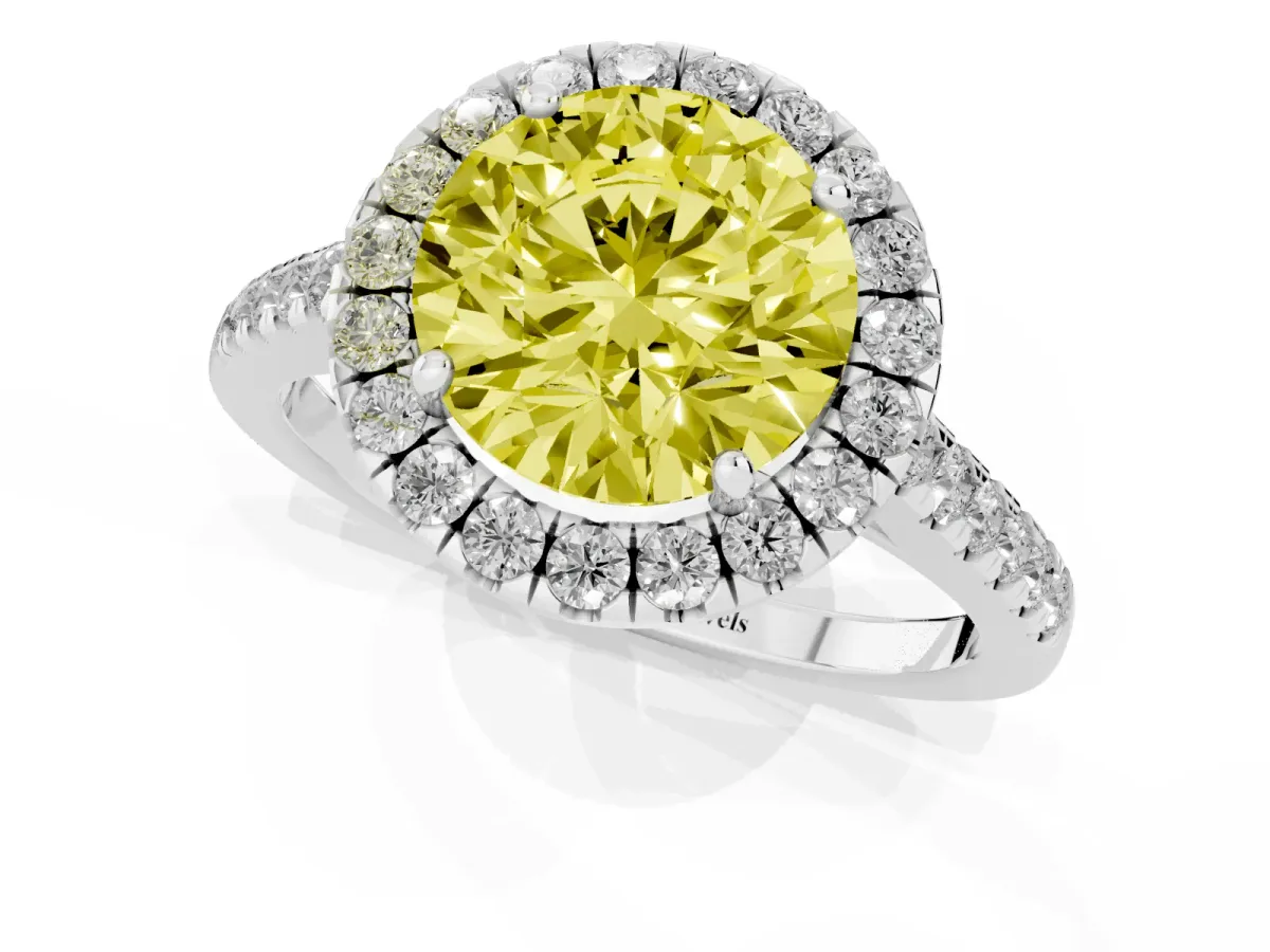 Fancy Yellow Round Cut Halo Pave Diamond Engagement Ring with Four-Prong Setting White gold