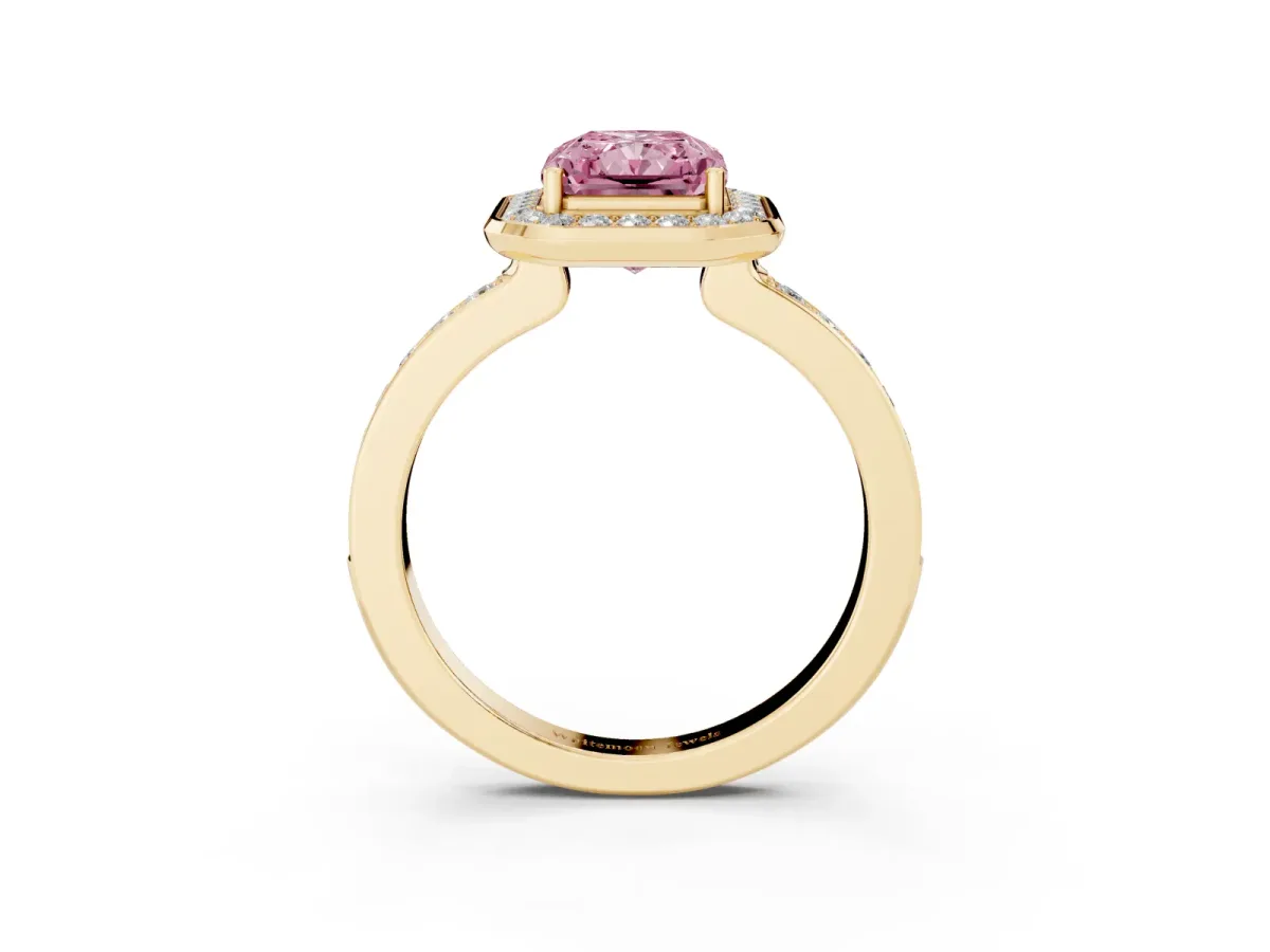 Fancy Pink Radiant Cut Diamond Halo Ring with Bezel Frame and Pavé Band Yellow gold