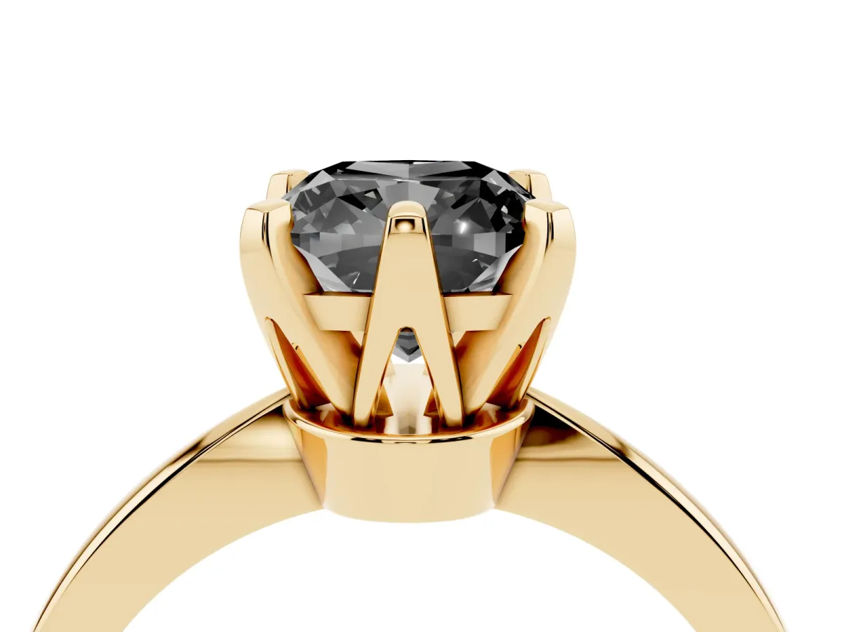Fancy Black Cushion Cut Solitaire Engagement Ring with Six-Prong Setting and Tapered Band Yellow gold
