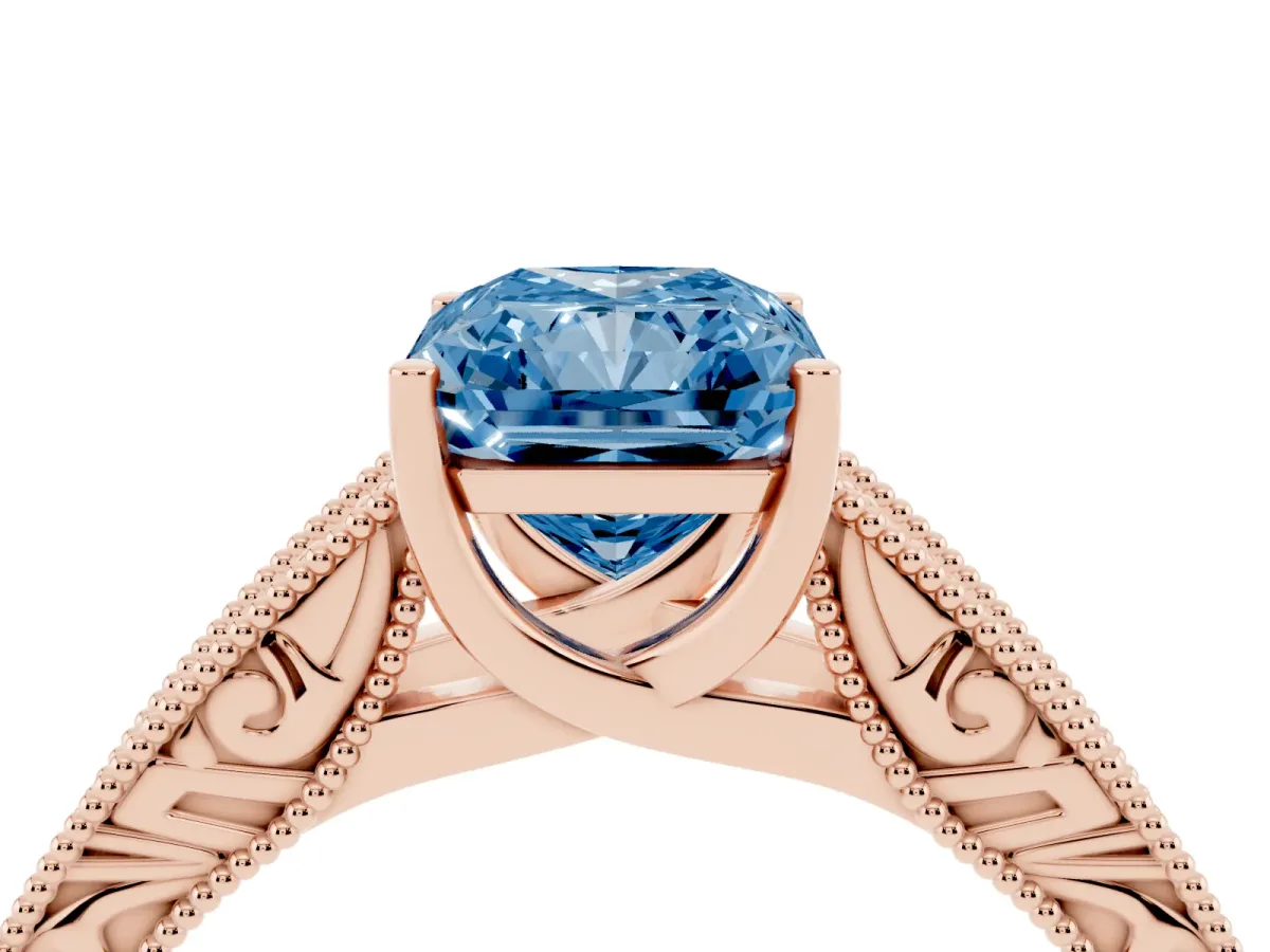 Fancy Blue Radiant Cut Diamond Solitaire Ring with Engraved Band and Four-Prong Setting Rose gold