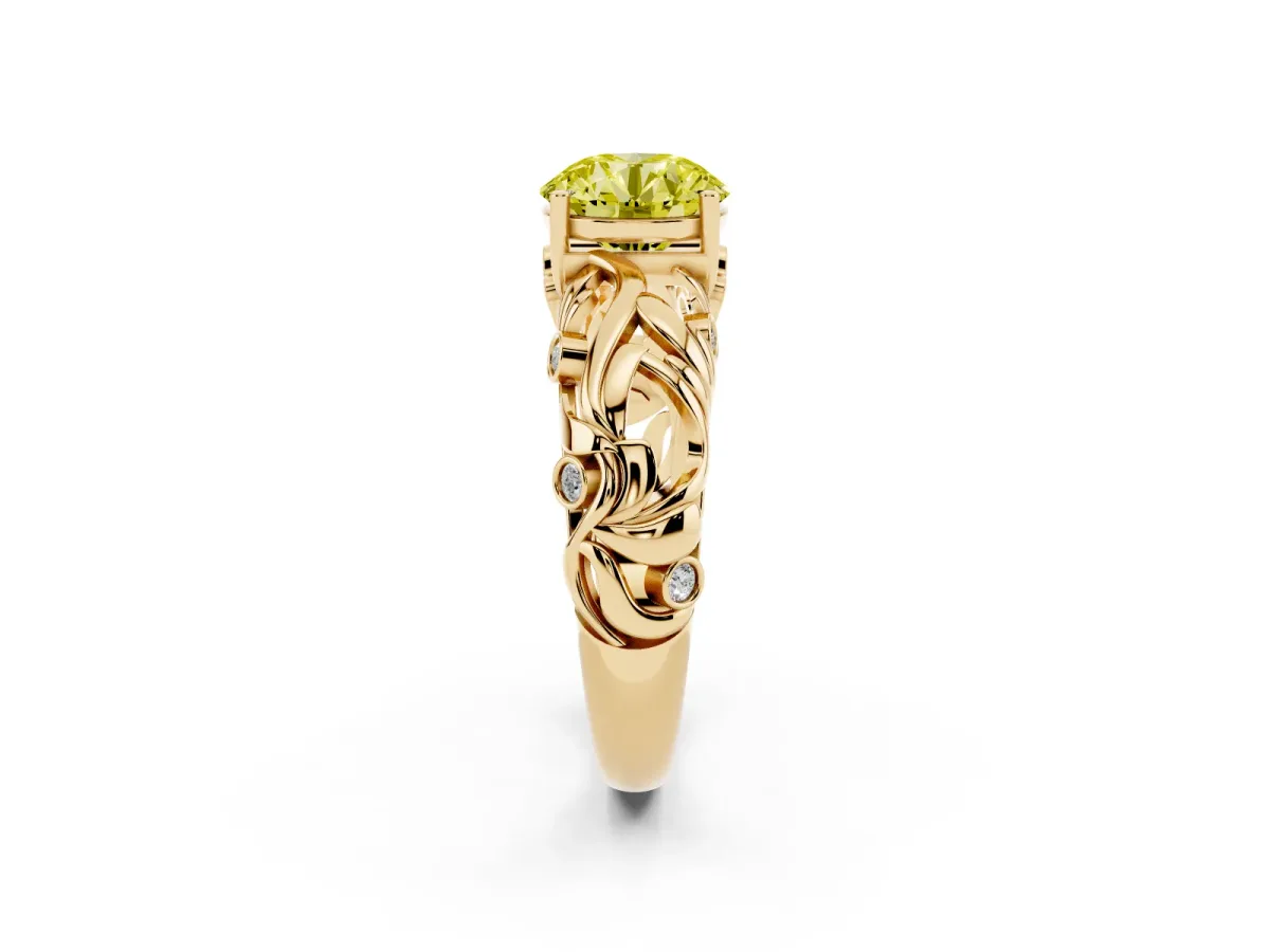Fancy Yellow Round Cut Solitaire Diamond Leaf-Inspired Vine Band Ring with Prong Setting Yellow gold