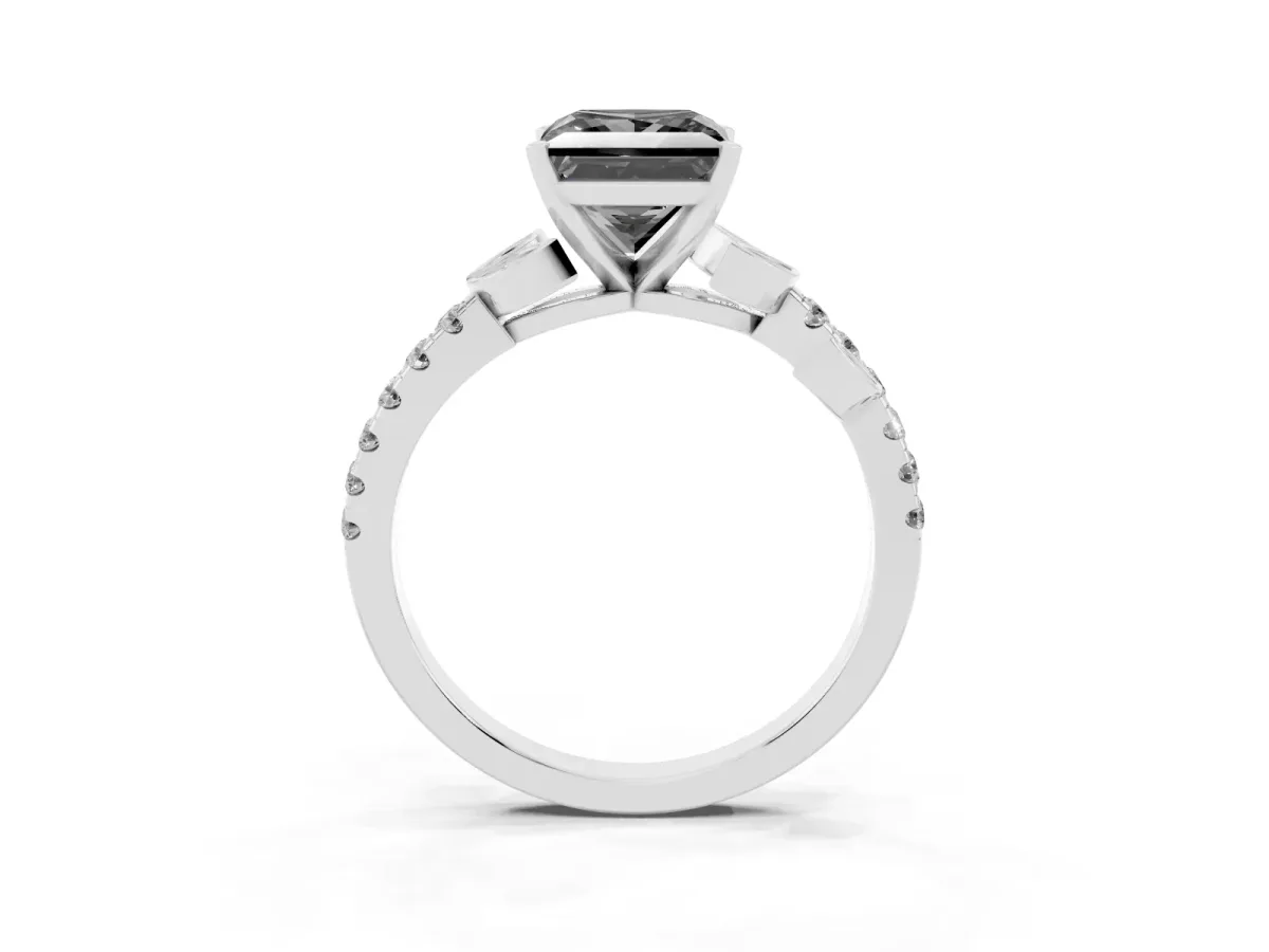 Fancy Black Princess Cut Solitaire Leaf-Inspired Diamond Ring with Pavé Band and Four-Prong Setting Silver