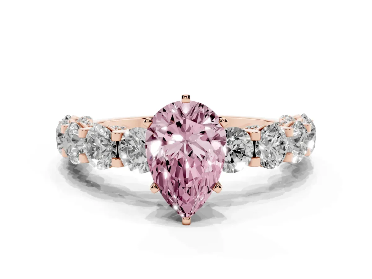 Fancy Pink Pear Cut Diamond Side Stone Engagement Ring with Four-Prong Setting Rose gold