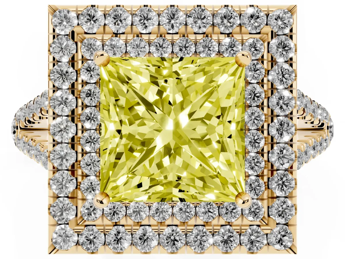Fancy Yellow Princess Cut Diamond Double Halo Ring with Pavé Band and Prong Setting Yellow gold