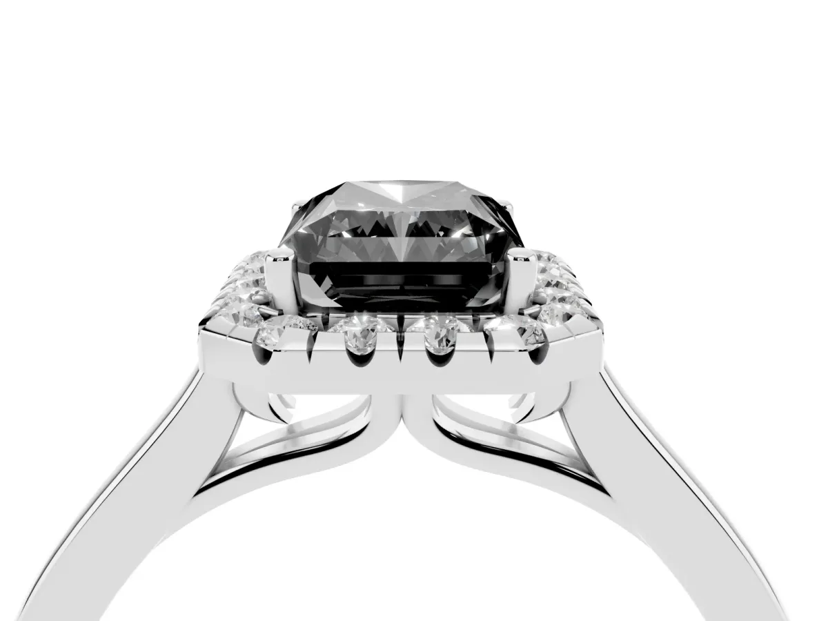 Fancy Black Radiant Cut Halo Round Diamond Solitaire Ring with Pavé Band and Four-Prong Setting Platinum