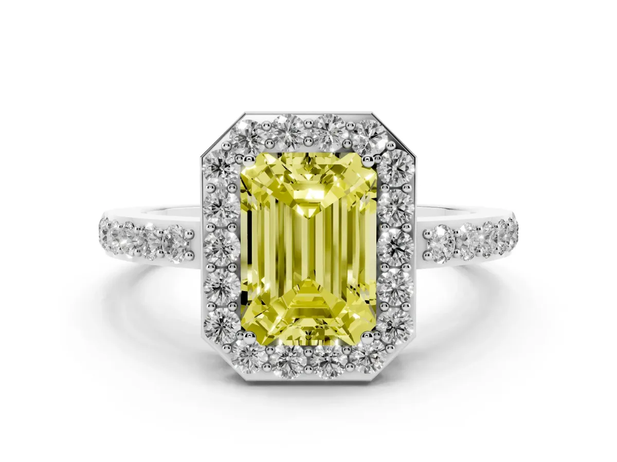Fancy Yellow Emerald Cut Halo Diamond Pavé Band Ring with Prong Setting Silver