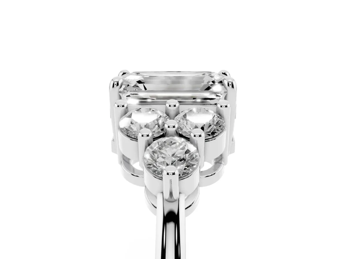 Emerald Cut Brilliant Diamond Cluster Accent Solitaire Ring with Prong Setting Silver