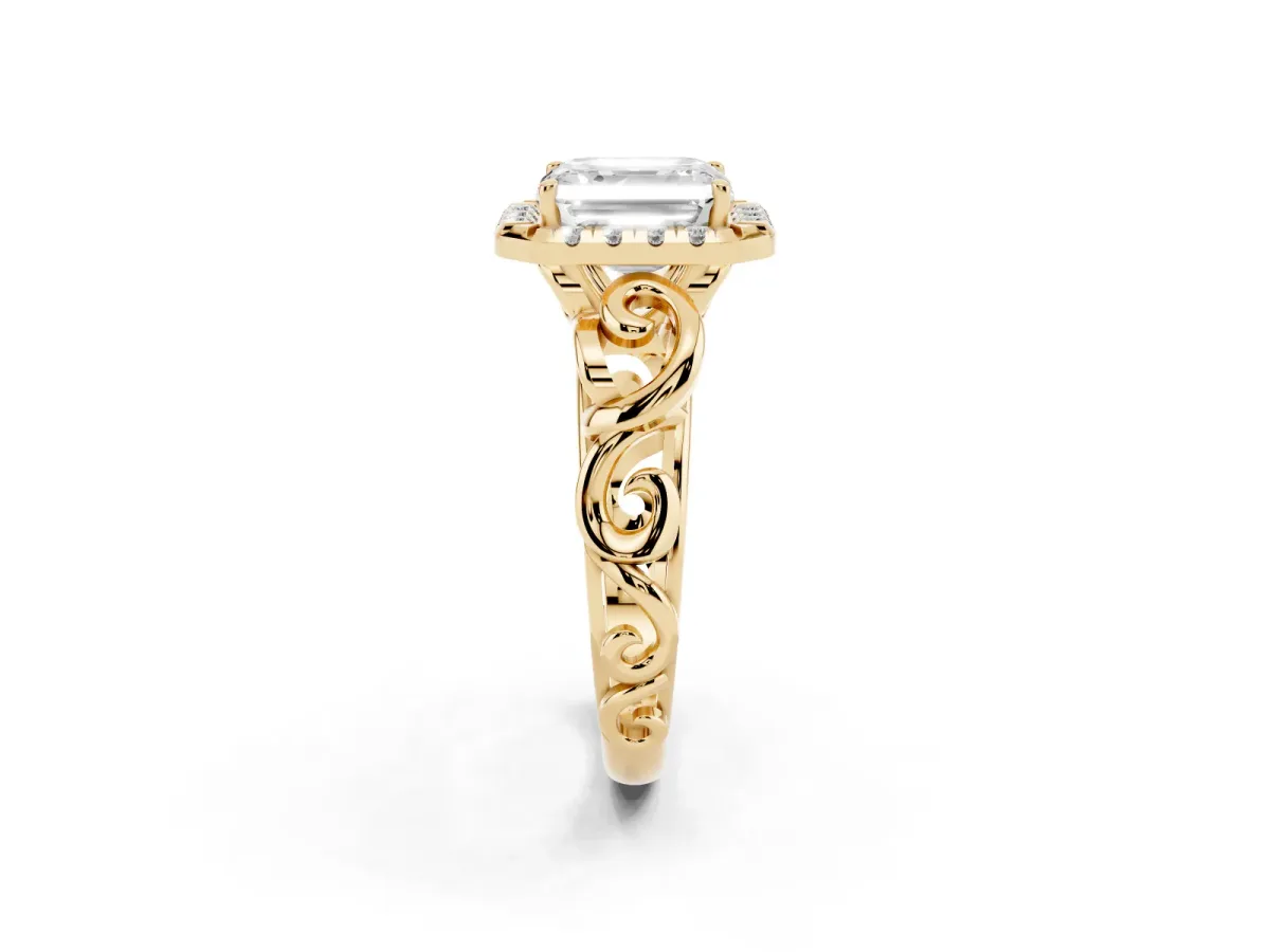Asscher Cut Cut Halo Diamond Ring with Scrollwork Band and Four-Prong Setting Yellow gold