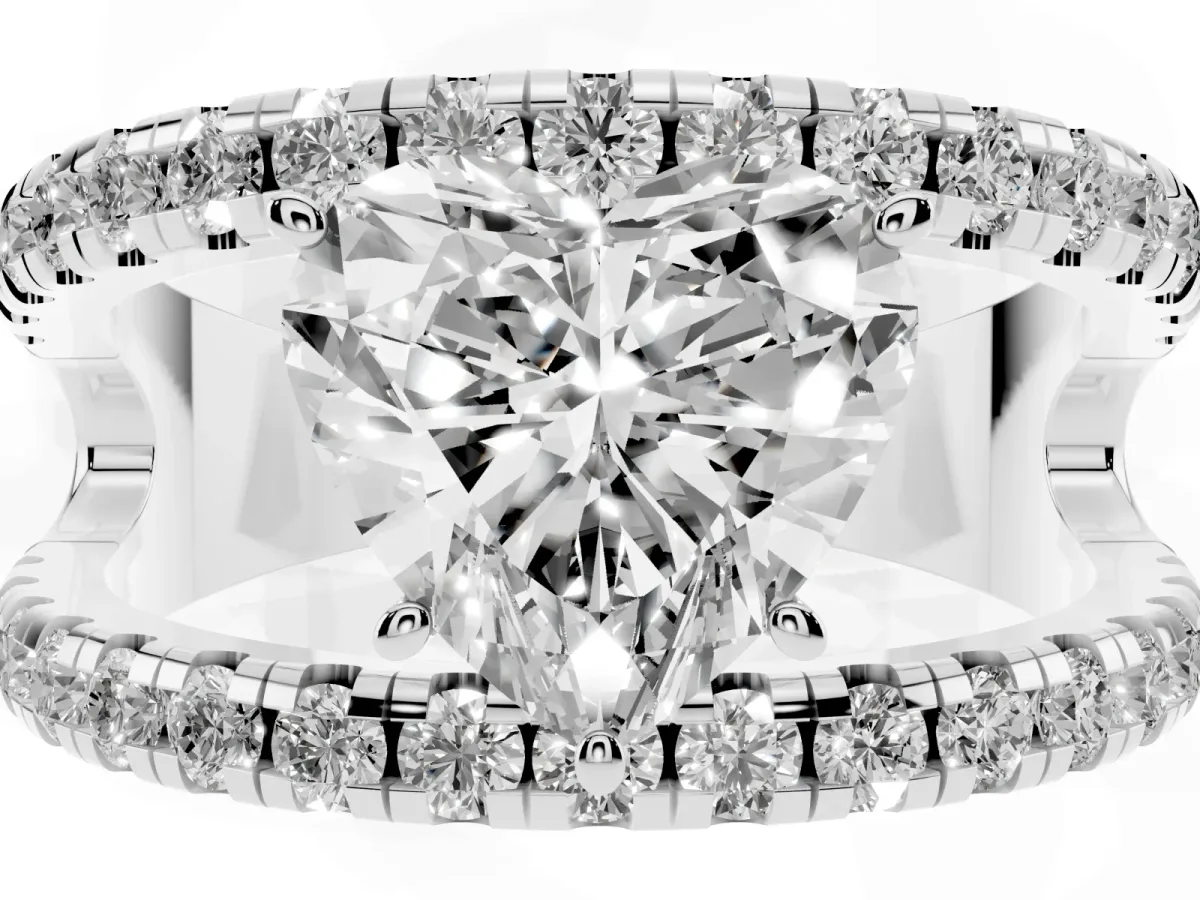 Heart Cut Solitaire Split Shank Pave Diamond Ring Silver