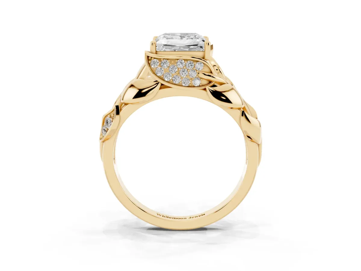 Princess Cut Diamond Leaf-Inspired Engagement Ring with Round Accents and Prong Setting Yellow gold