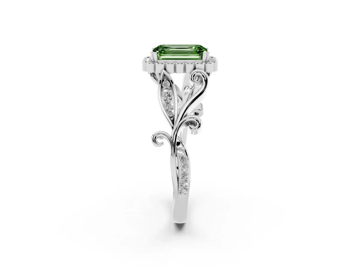 Fancy Green Emerald Cut Diamond Halo Ring with Vintage Split Shank and Four-Prong Setting Silver