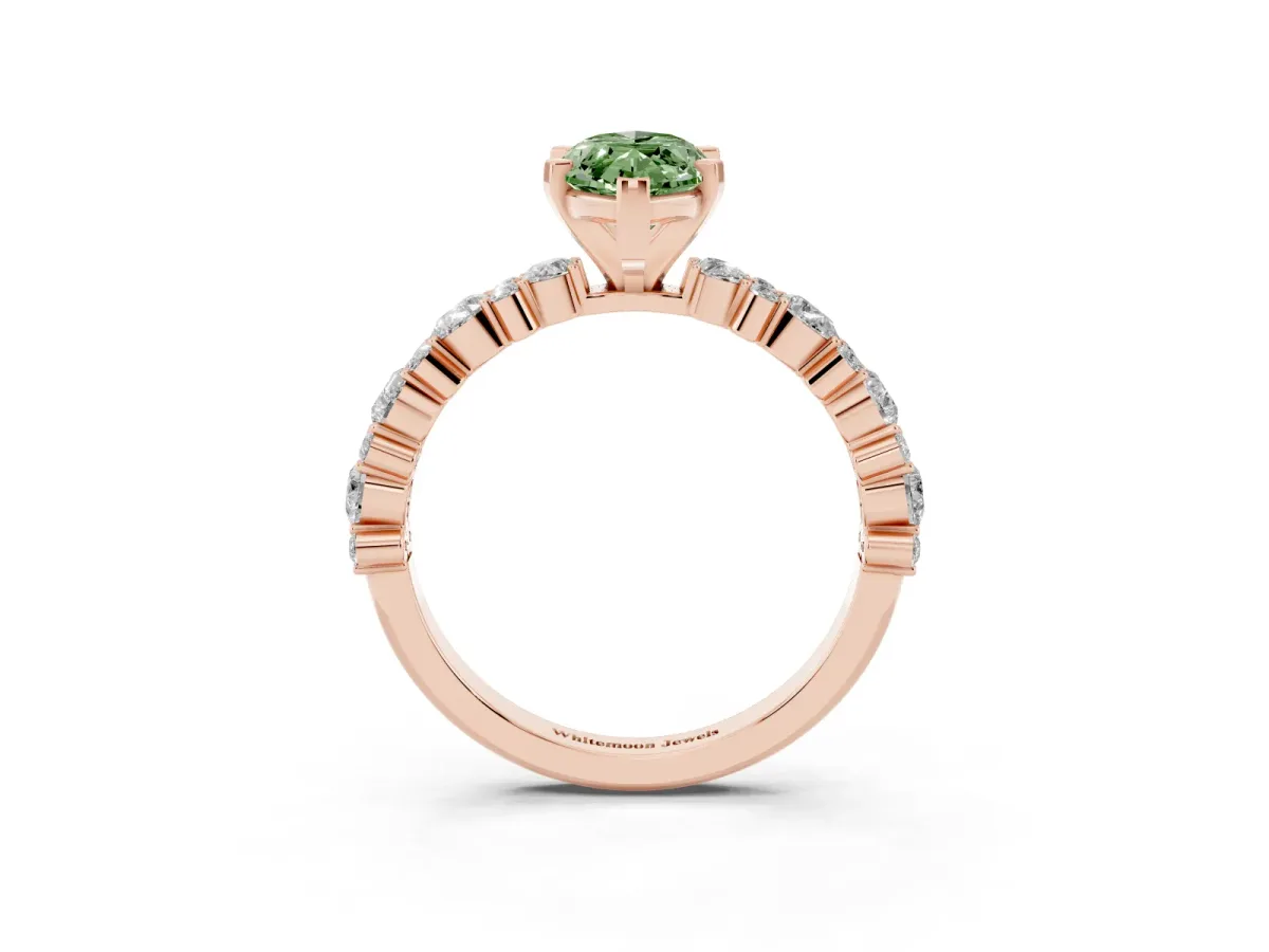 Fancy Green Marquise Cut Diamond Side Stone Solitaire Ring with Round and Four-Prong Setting Rose gold