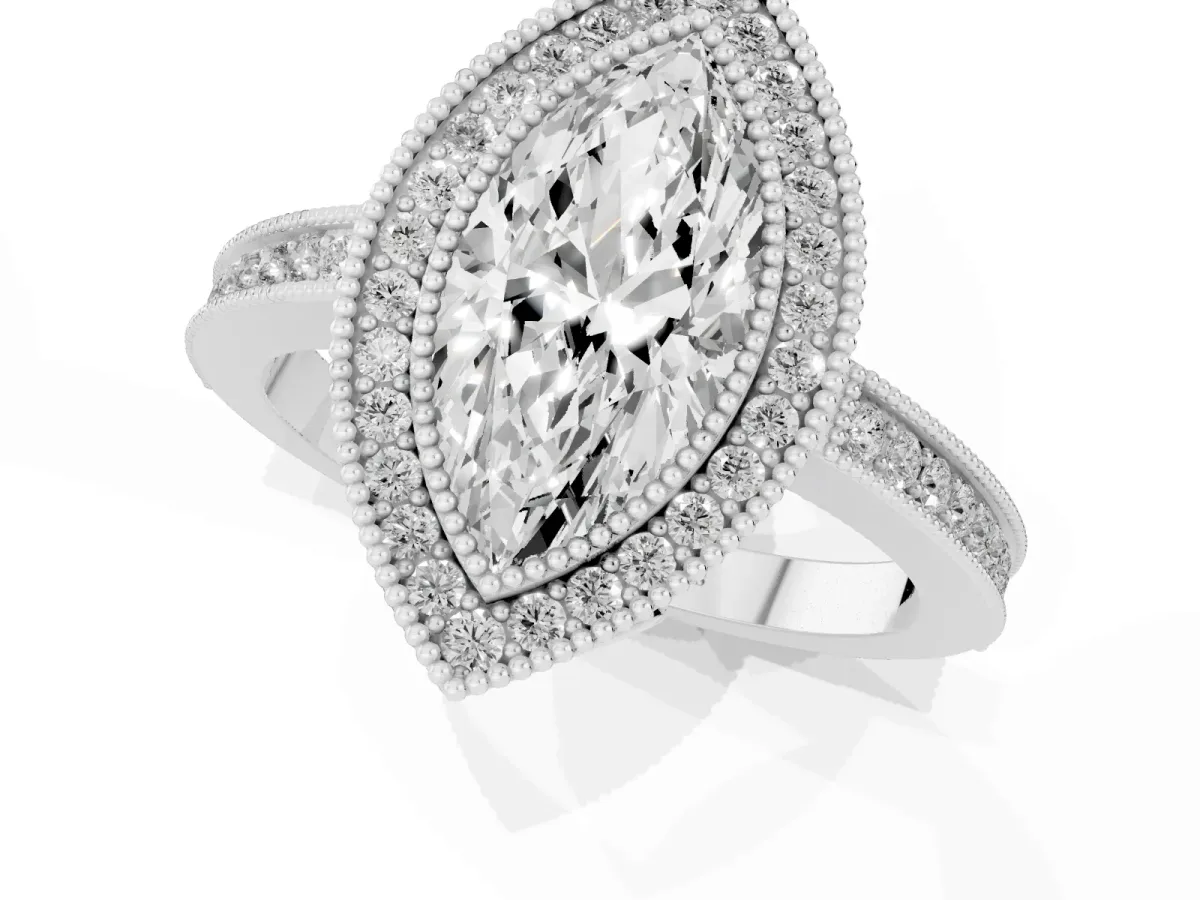 Marquise Cut Cut Halo Diamond Ring with Pavé Band and Milgrain Prong Setting White gold