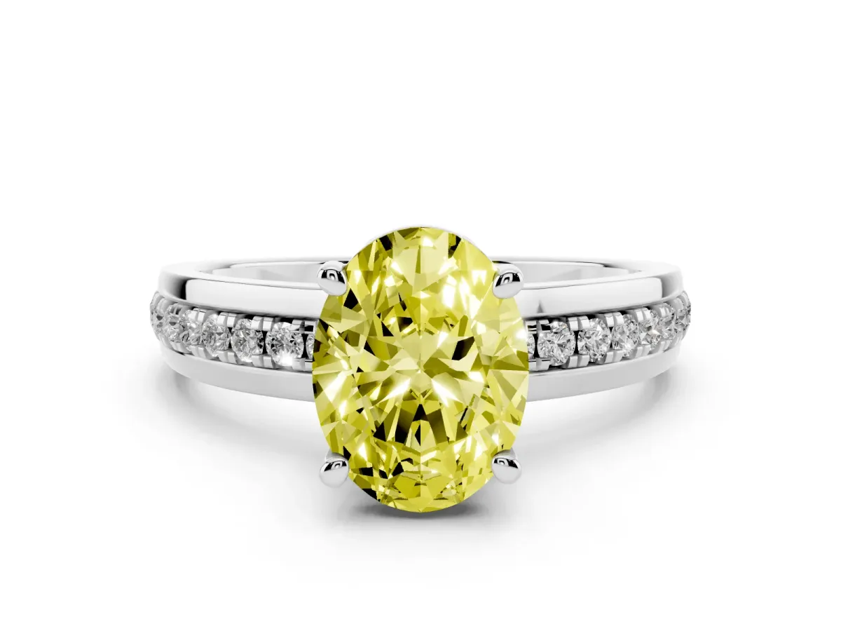 Fancy Yellow Oval Cut Solitaire Diamond Ring with Channel Set Band and Six-Prong Setting Silver