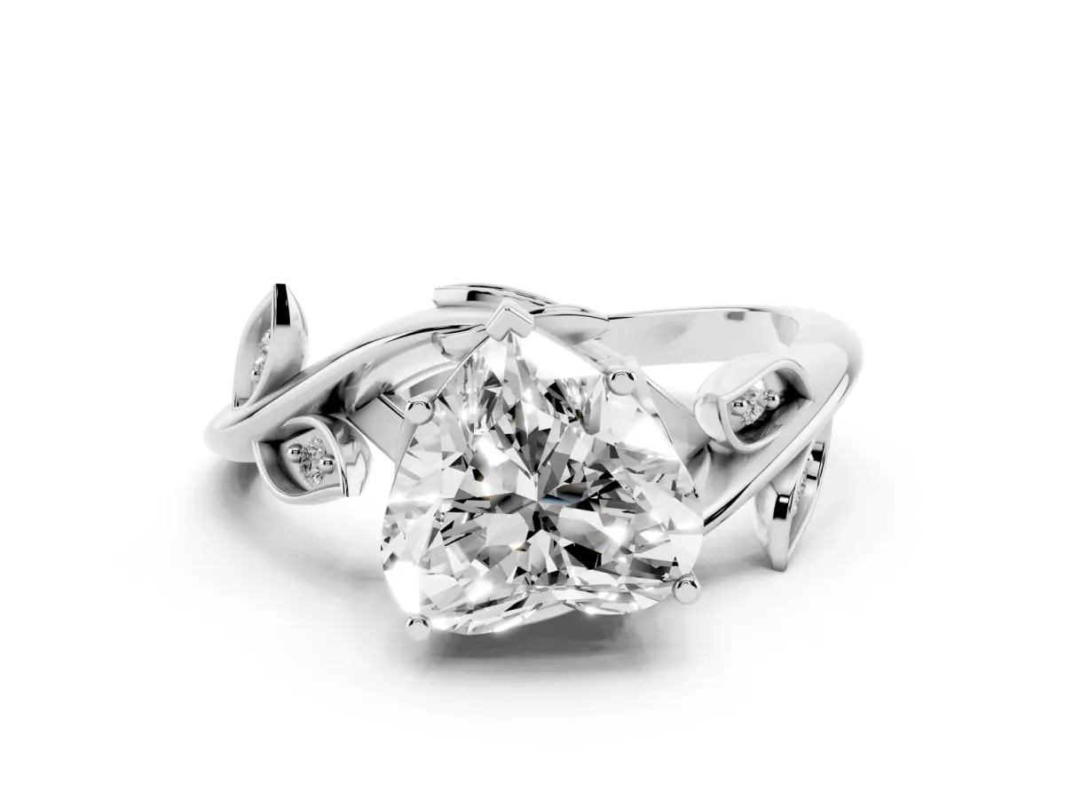 Heart Cut Solitaire Twist Engagement Ring with Leaf Accents and Prong Setting Silver
