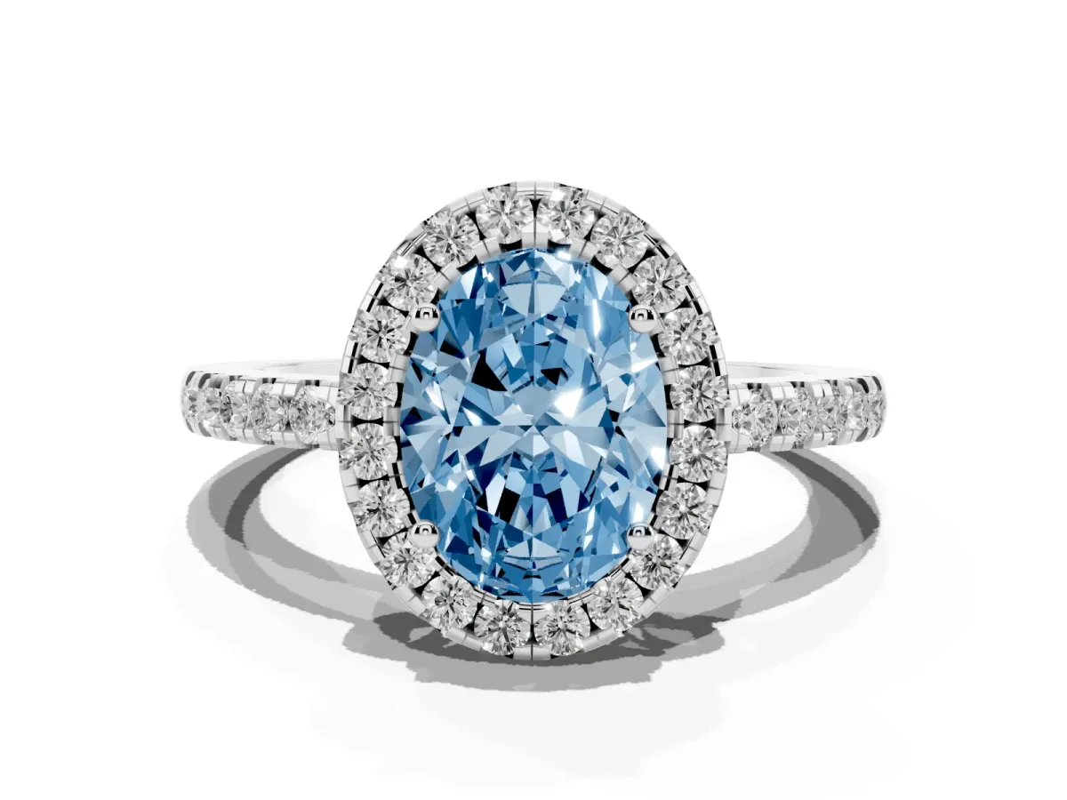 Fancy Blue Oval Cut Halo Diamond Engagement Ring with Pavé Band and Four-Prong Setting White gold