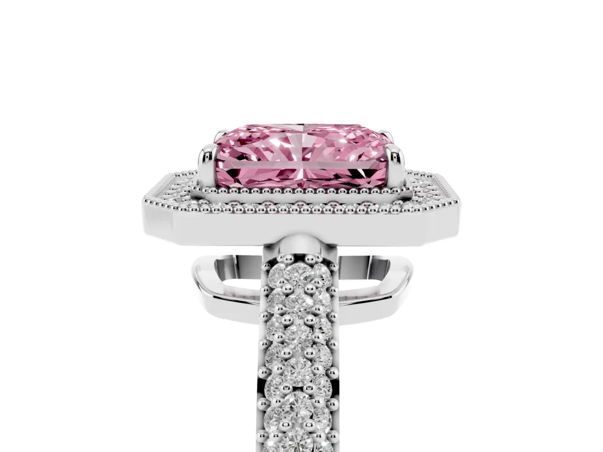 Fancy Pink Radiant Cut Cut Halo Diamond Pave Band with Four-Prong Setting Platinum