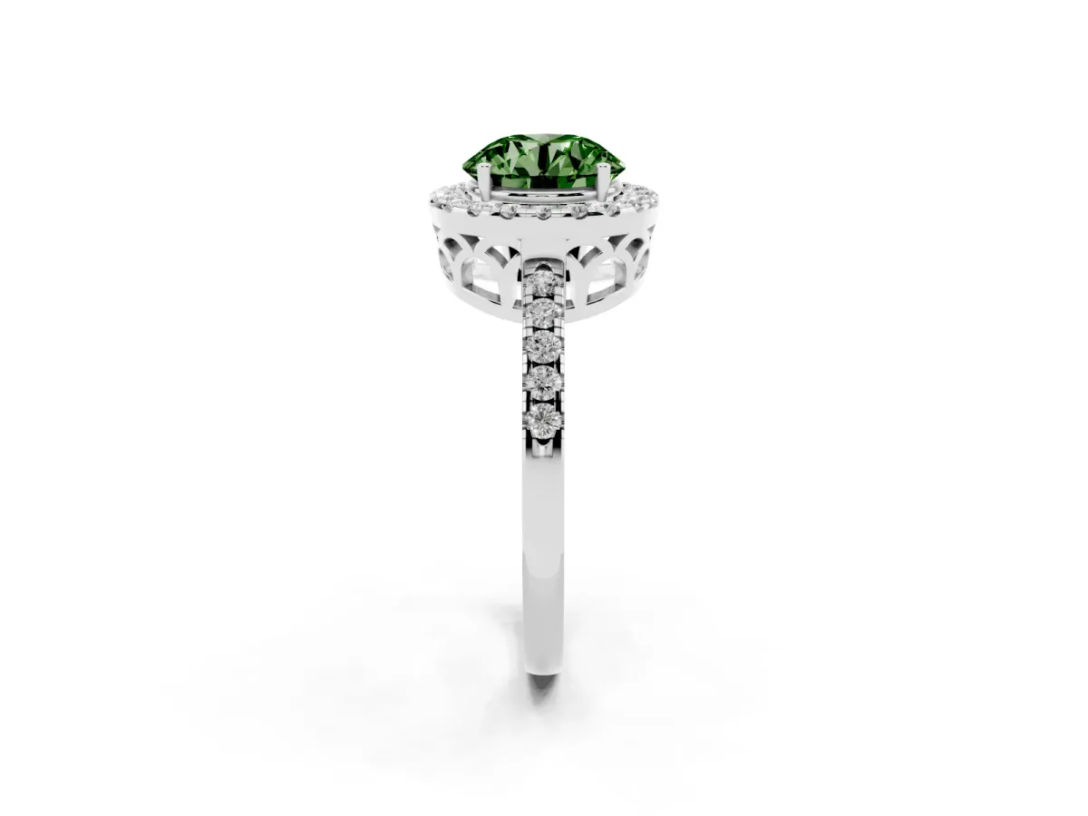 Fancy Green Round Cut Halo Diamond Engagement Ring with Pavé Band and Four-Prong Setting Platinum