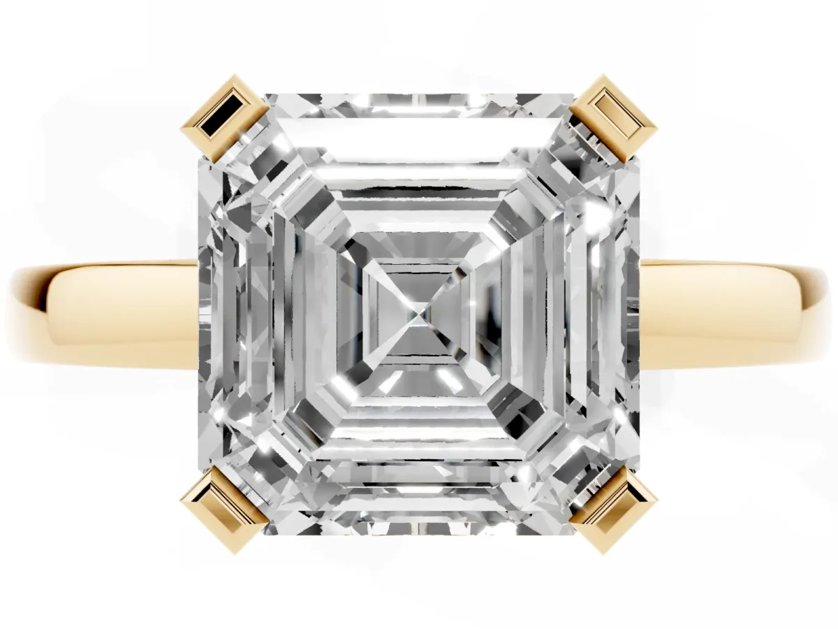 Asscher Cut Cut Solitaire Ring with Four-Prong Setting and Classic Band Yellow gold