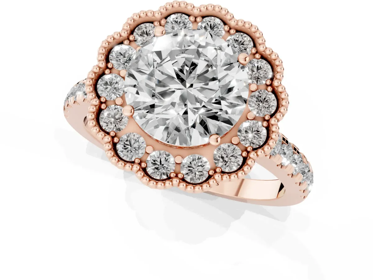 Round Cut Cut Diamond Milgrain Floral Halo Engagement Ring with Pavé Band Rose gold