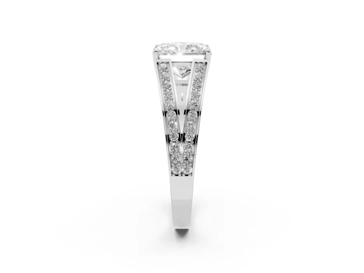 Radiant Cut Diamond Split Shank Ring with Pavé Band and Four-Prong Setting White gold