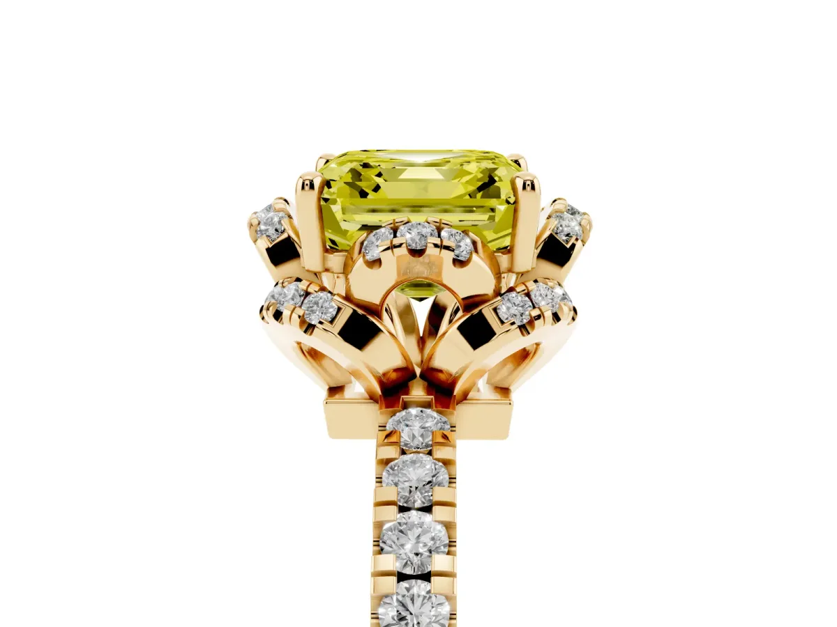 Fancy Yellow Asscher Cut Halo Diamond Pave Band Ring with Four-Prong Setting Yellow gold