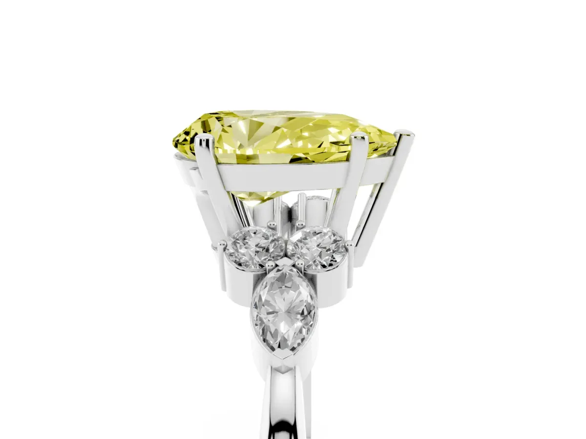 Fancy Yellow Pear Cut Brilliant Diamond Solitaire Ring with Pear Side Stones and Four-Prong Setting Silver